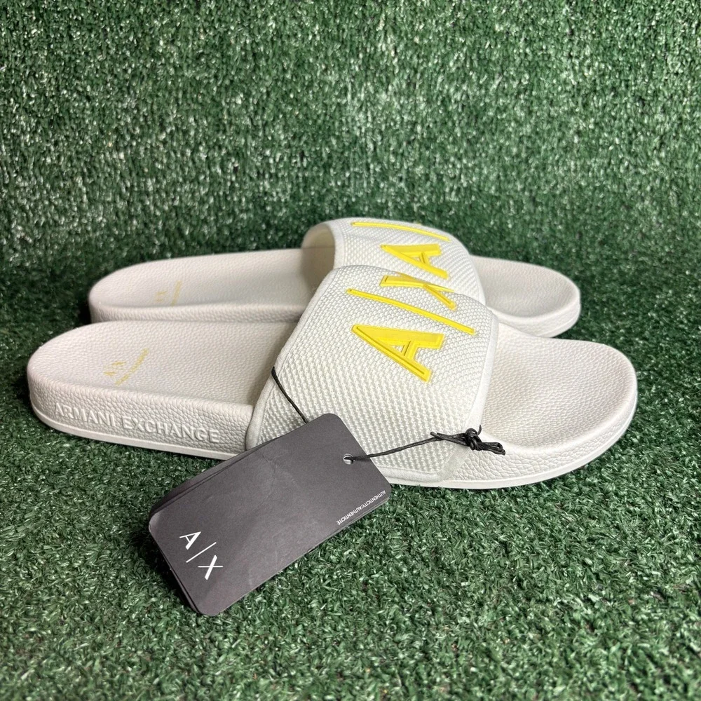 NEW Armani Exchange Logo Slide Sandal Mesh Strap Designer Beach White Mens 11‎